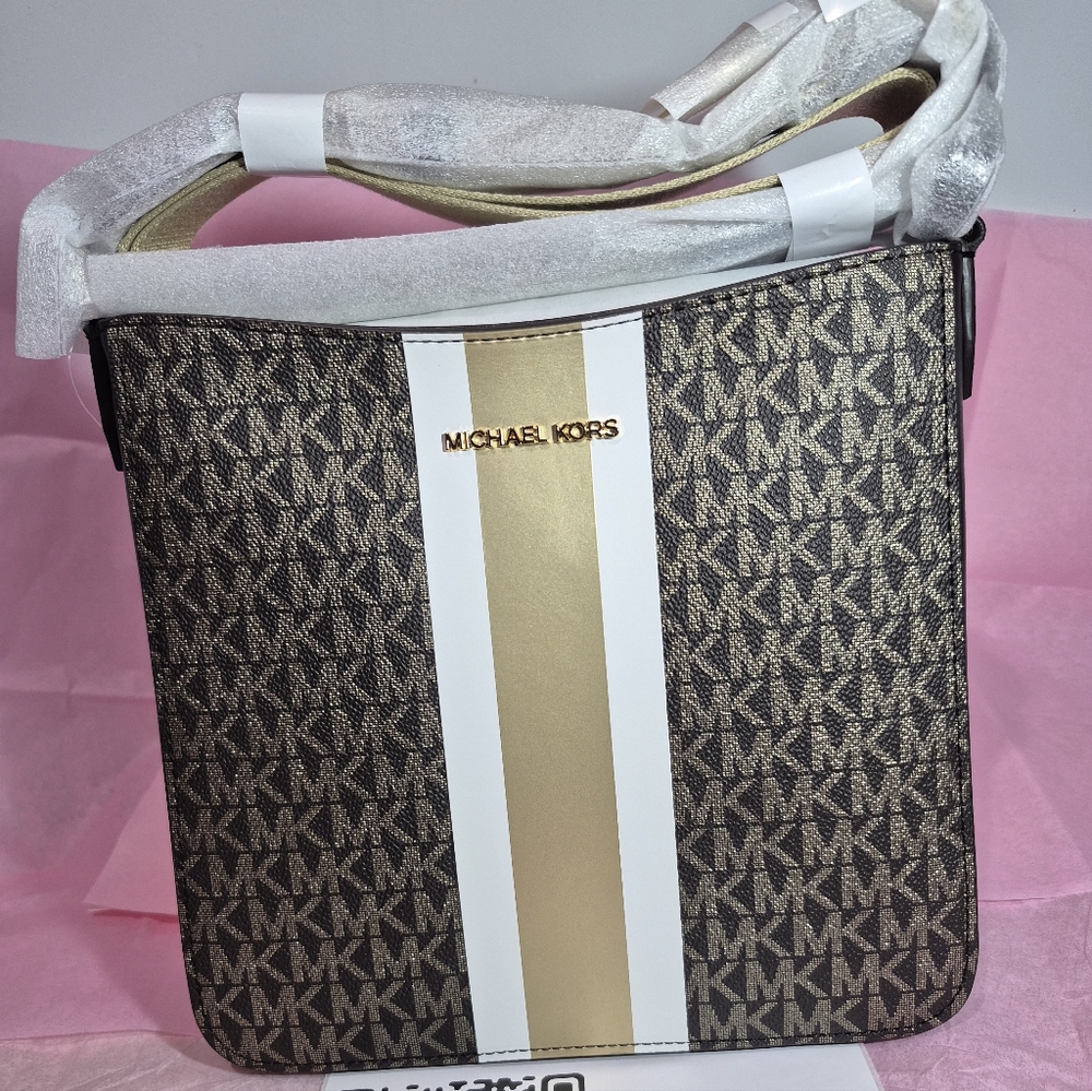 Kit Michael Kors Brown and Gold Stripe Bag and Wallet